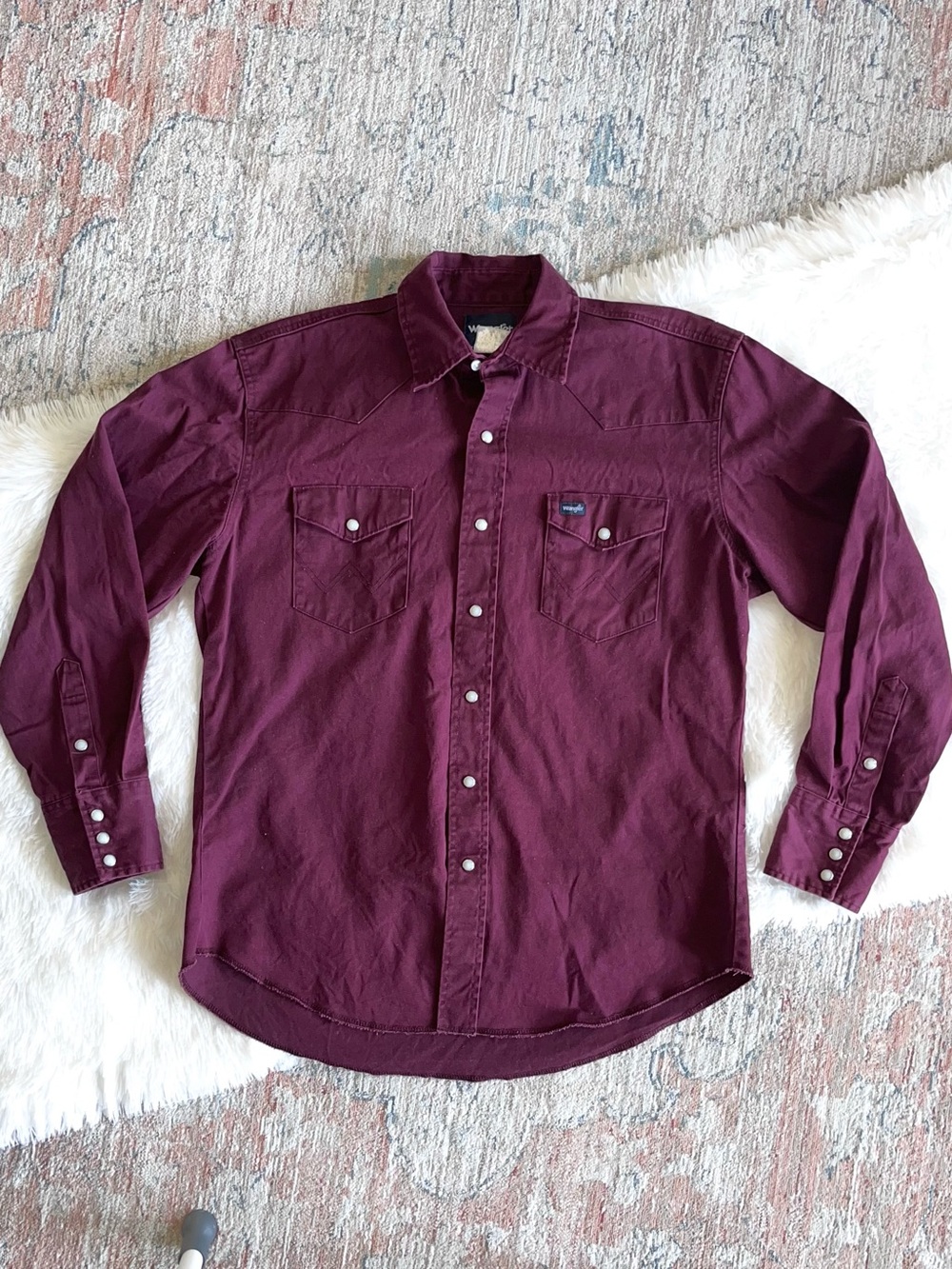 Wrangler Vintage 90s Pearl Snap Shirt Burgundy Heavyweight Canvas Mens